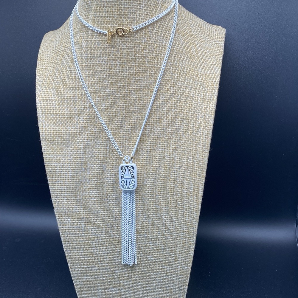Monet Gold Tone Tassel Necklace Vintage White Enamel 25"